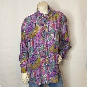 Mens 90s Colore Italia 100% Silk Abstract Printed Button Down Shirt Size Medium